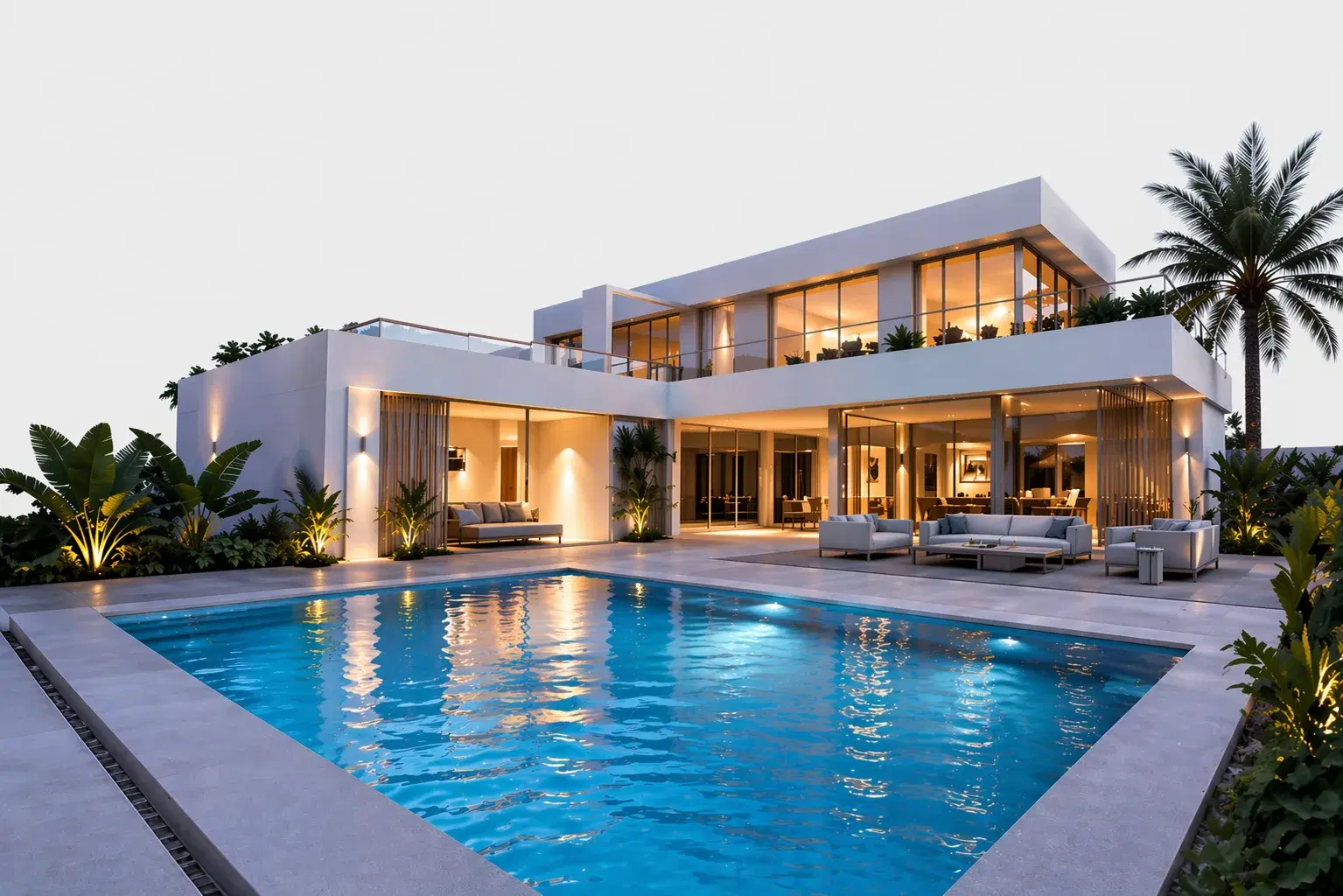 Luxury pool villa exterior at dusk — PoolSmart project