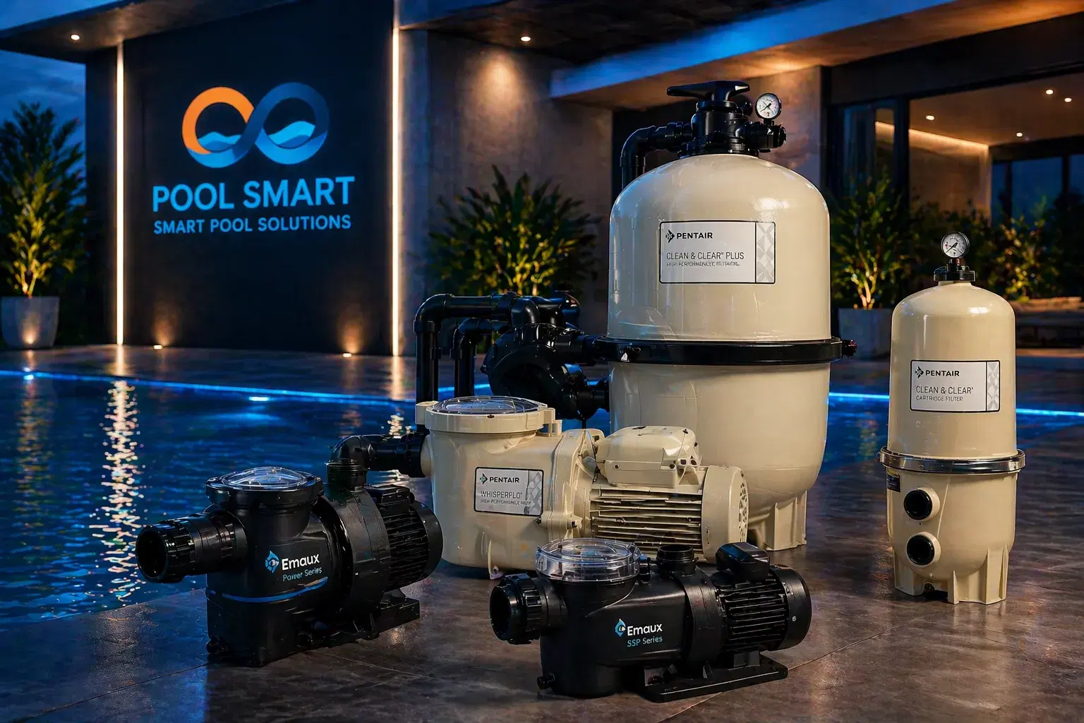Pool Smart product showcase — Emaux pumps, Darlly filters and premium pool equipment